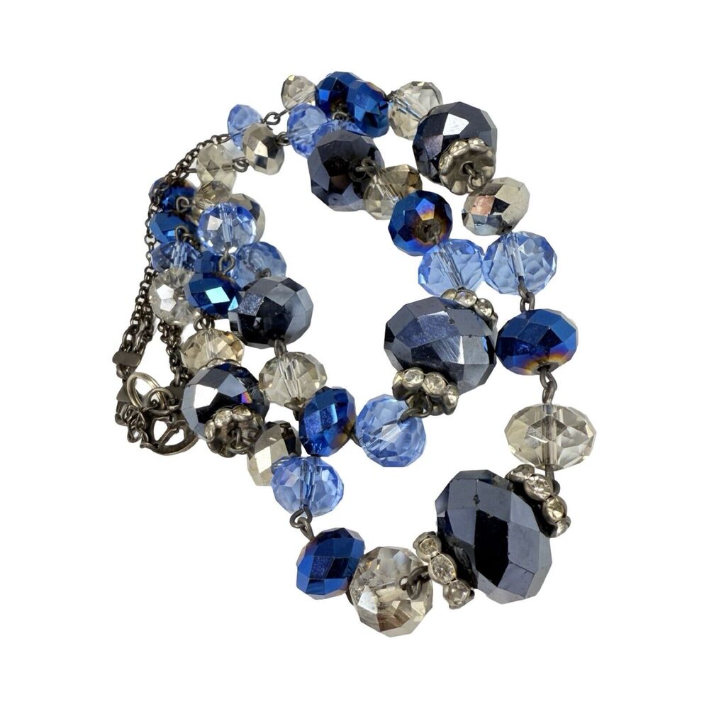 Vintage Crown Trifari Blue Crystal Layered Necklace 18" Beaded 2 Tier Gunmetal - Picture 7 of 8